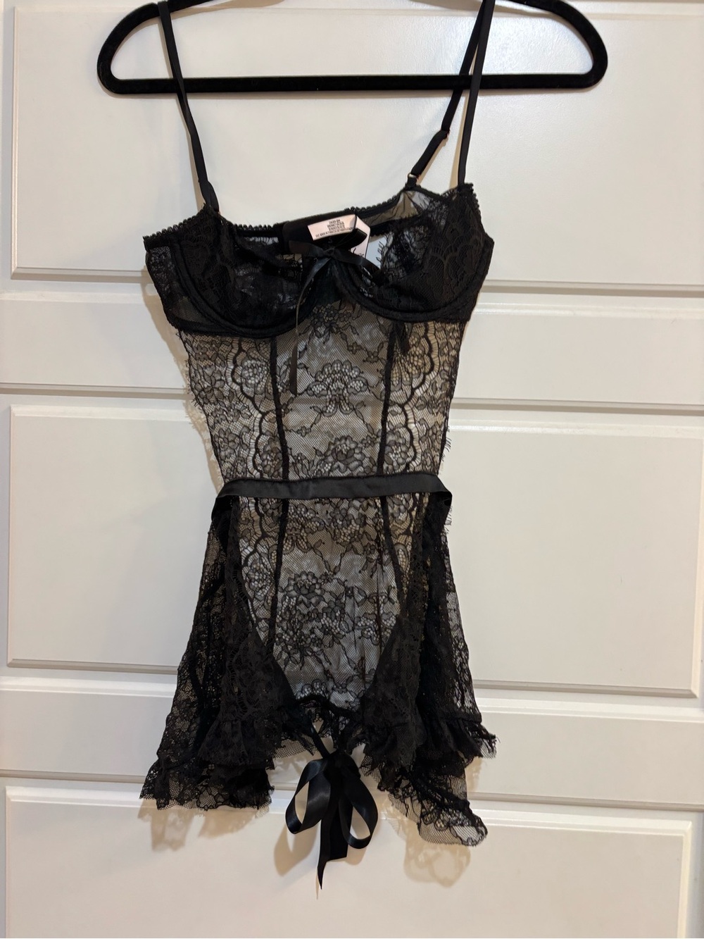 Victoria's Secret Black Sheer Lace Chemise with Ribbon